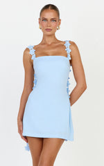 Clementine Mini Dress - 3D Floral Strap Dress in Blue