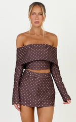 Lana Top - Long Sleeve Off Shoulder Cropped Top in Chocolate/Cream Polka Dot
