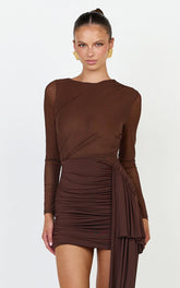 Jasmine Mini Dress - Long Sleeve Draped Skirt Overlay Dress in Chocolate