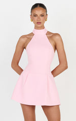 Helia Mini Dress - High Halter Neck Scarf Detail A Line Dress in Pink