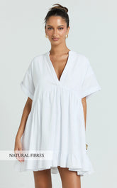 Calissa Mini Dress - Frill Hem Smock Dress in White