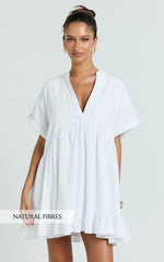 Calissa Mini Dress - Frill Hem Smock Dress in White