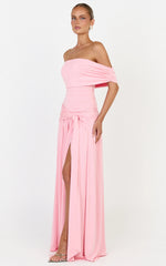 Bree Maxi Dress - Off Shoulder Draped Sash Dress in Pink