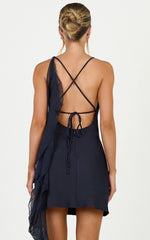 Alani Mini Dress - Open Cowl Back Flounce Detail Dress in Navy