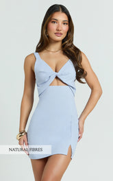 Finnley Mini Dress - Linen Twist Front Cut Out Dress in Baby Blue