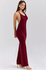 Wine Draped Halter Neck Maxi Dress