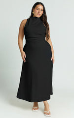 Macy Midi Dress - High Neck A Line Dress in Black