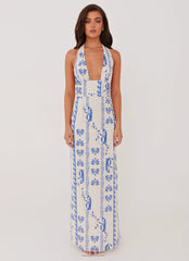 Sky Linen Maxi Dress - Floral Wave