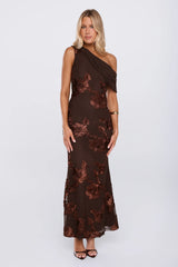 Next Level Chic Mesh One Shoulder Maxi Dress Brown