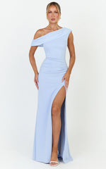 Leilani Maxi Dress - Off Shoulder High Split Dress in Cornflower Blue