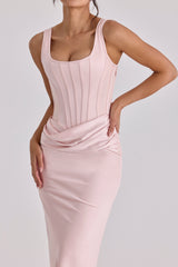 Blush Pink Satin Gathered Maxi Dress
