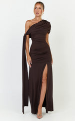 Bree Maxi Dress - Cape Tie Off Shoulder Fit And Flare Dress in Chocolate
