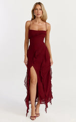 Connie Midi Dress - Ruffle Detail Dress in Wine