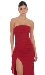 Strapless Ruched Ruffle Maxi Dress in Maroon