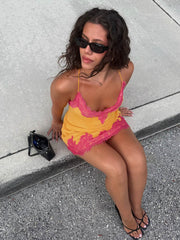Call My Lover Lace Slip Mini Dress Gold / Fuchsia