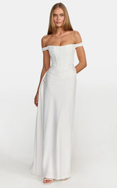 Darcie Maxi Dress - Off Shoulder Corset Draped Skirt Dress in Ivory