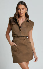 Dana Mini Dress - Collared Button Front Utility Dress in Khaki