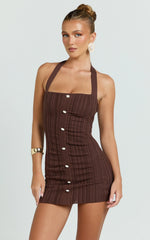 Julie Mini Dress - Halter Neck Button Front Bodycon Dress in Brown