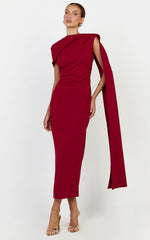 Visenta Midi Dress - Asymmetrical Sleeve Dress in Wine