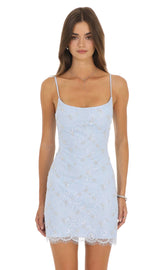 Beaded Lace Mini Dress in Light Blue