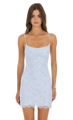Beaded Lace Mini Dress in Light Blue