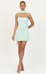 Arin Mini Dress - Satin Contrast Dress With Draped Neck Scarf in Mint