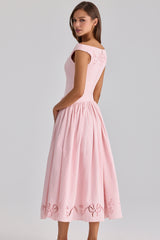 Pink Cotton Broderie Anglaise Boat Neck Maxi Dress