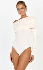 Hallie Bodysuit - One Shoulder Draped Long Sleeve Bodysuit in Cream