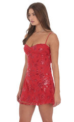 Sequin Embroidered Floral Babydoll Dress in Red