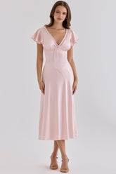Pink Real Silk V-neck Midi Tea Dress