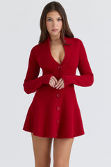 Red Pure New Wool Cardigan Mini Dress