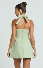 Dante Mini Dress - Halter Neck Tie Tulip Skirt Dress in Sage