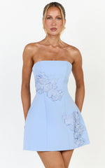 Moana Mini Dress - Strapless Floral Embellished Structured Dress in Soft Blue