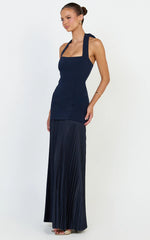 Loretta Maxi Dress - Contrast Halter Neck Pleated Dress in Navy