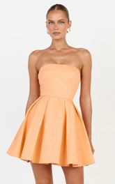Avery Mini Dress - Strapless Fitted Bodice Full Pleated Skirt Dress in Orange