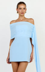 Elina Mini Dress - Off Shoulder Contrast Mesh Draped Overlay Dress in Blue