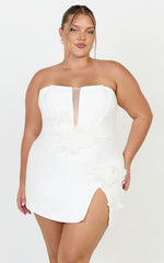 Dolores Mini Dress - Strapless Plunge Bodycon Leg Split Dress in White