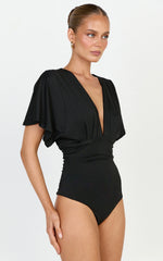 Liana Bodysuit - Plunge Neck Wide Sleeve Bodysuit in Black