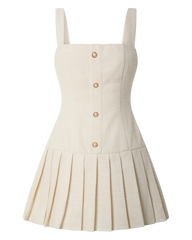 Calissa Mini Dress - Boucle Square Neck Drop Waist Pleated Dress in Cream
