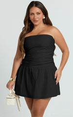 Donatella Mini Dress - Strapless Drop Waist Dress in Black