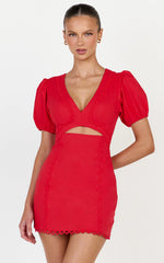 Carolyn Mini Dress - V Neck Puff Sleeve Dress in Red