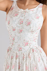Rose Print Stretch Cotton Lace Up Midi Dress