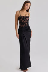 Black Embellished Lace + Satin Maxi Dress