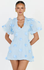 Azalea Mini Dress - Puff Sleeve 3D Floral A Line Dress in Blue