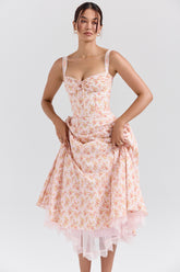Peach Poppy Print Cotton Bustier Sundress