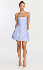 Rosalie Mini Dress - Strapless Jacquard Floral Mini Dress in Blue