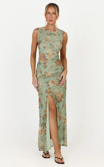 Amy Maxi Dress - Gathered Detail Front Split Sleeveless Dress in Multi
