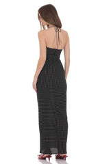 Polka Dot Florette Halter Maxi Dress in Black