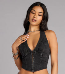 Dark Rose Drama Denim Halter Top