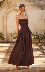 Marlowe Maxi Dress - Strapless Gathered Bodice Fit And Flare Dress in Chocolate